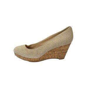 Nine West Beige Cork Wedge Heels Size 7.5M | Linen Look Slip-On Pumps Neutral